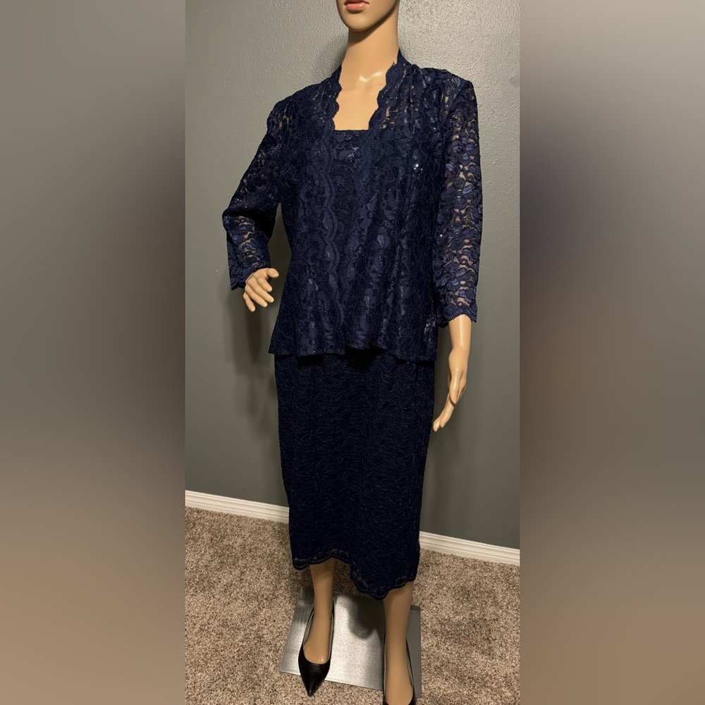 Women's Tea Length Sequin Lace Dress with Illusion Sleeve Jacket